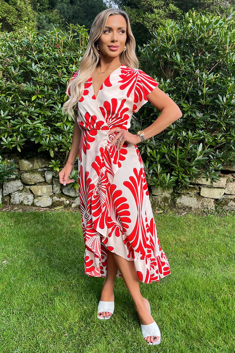 Burnt Orange Abstract Print Wrap Over High Low Frill Hem Midi Dress