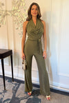 Khaki Cowl Halter Neck Tie Waist Backless Jumpsuit