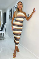 Brown Ombre Printed Mesh One Shoulder Bodycon Midi Dress