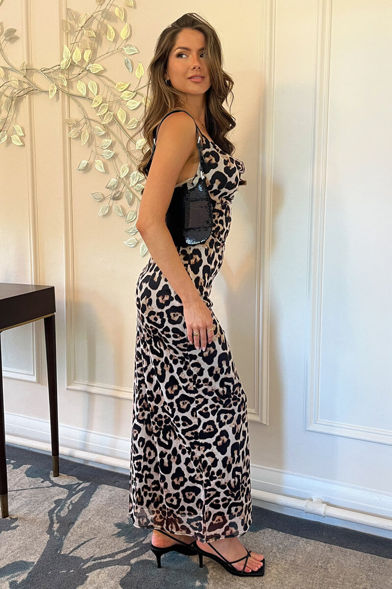 Multi Leopard Print Mesh Cowl Neck Slip Midi Dress