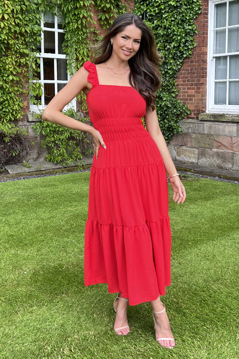 Red Frill Strap Tiered Midi Dress