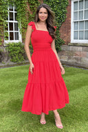 Red Frill Strap Tiered Midi Dress