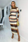 Brown Ombre Printed Mesh Overlay Long Sleeve Bodycon Midi Dress