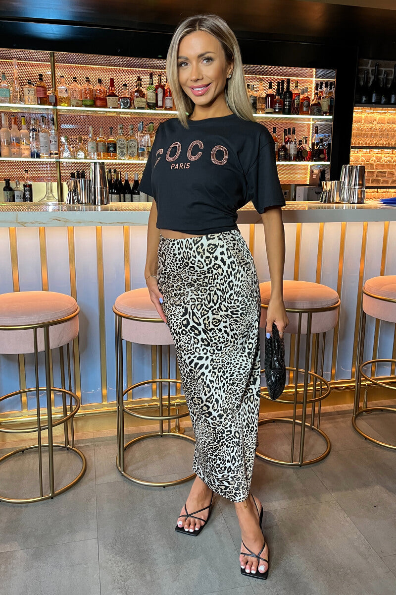 Multi Leopard Print Satin Midi Length Skirt