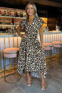 Multi Leopard Print Short Sleeve Belted Wrap Midi Dress
