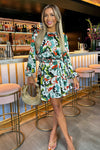 Green Abstract Print Long Sleeve Belted Skater Mini Dress