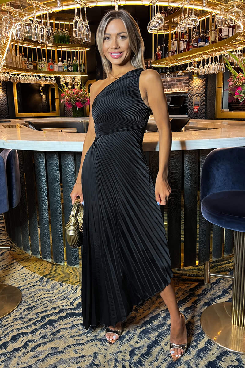 Black One Shoulder Pleated Satin Midi Dress