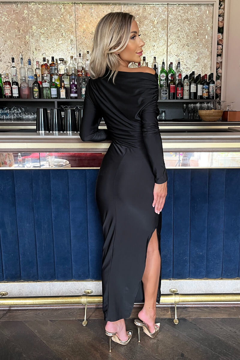 Black Off The Shoulder Long Sleeved Draped Midi Dress AX Paris