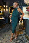 Teal Halter Neck Ruched Bodycon Midi Dress