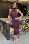 Plum Halter Neck Ruched Bodycon Midi Dress