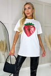 White Glitter Strawberry Print T-Shirt