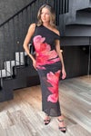 Black and Pink Flower Print Mesh Midi Dress