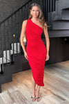 Red One Shoulder Asymmetric Hem Ruched Midi Dress