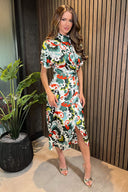 Green Abstract Print High Neck Wrap Skirt Midi Dress