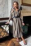 Beige Striped Print Button Front Belted Shirt Midi Dress