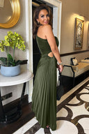 Olive One Shoulder Pleated Satin Midi Dress