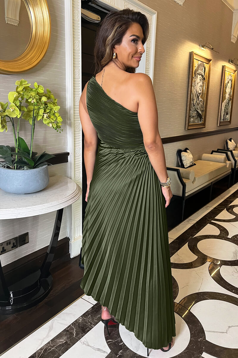 Olive One Shoulder Pleated Satin Midi Dress