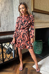 Black Abstract Print Long Sleeve Pleated Shoulder Mini Dress