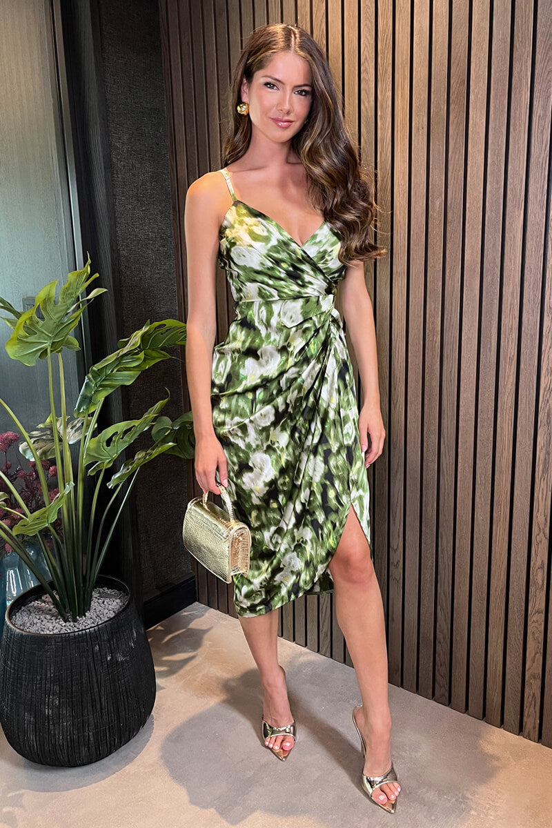 Green Printed Strappy Gathered Side Midi Dress