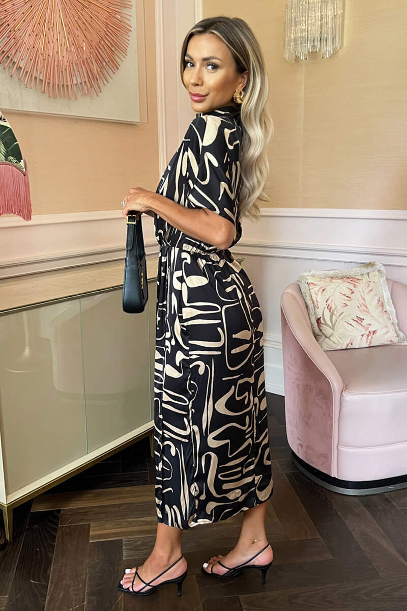 Black Geometric Pattern High Neck Wrap Skirt Midi Dress