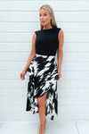 Black And White Printed 2 In 1 Double Frill Split Midi Dress