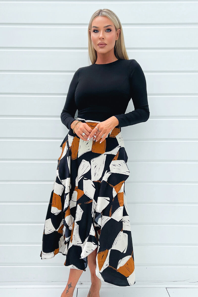 Multi Geometric Print 2 in 1 Long Sleeve Double Frill Split Midi Dress