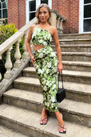 Green Printed Asymmetric Cut Out Midi Dress