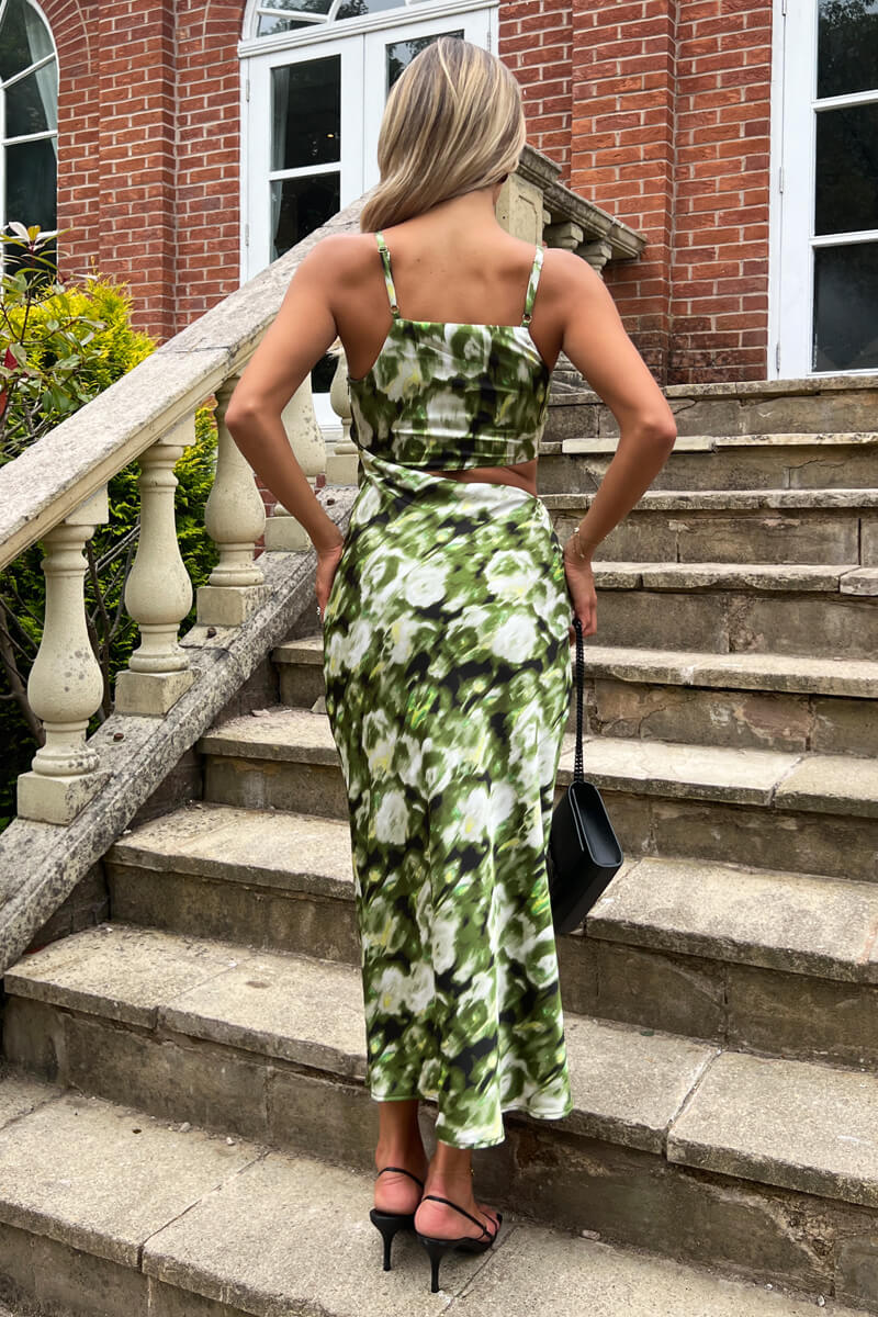 Green Printed Asymmetric Cut Out Midi Dress