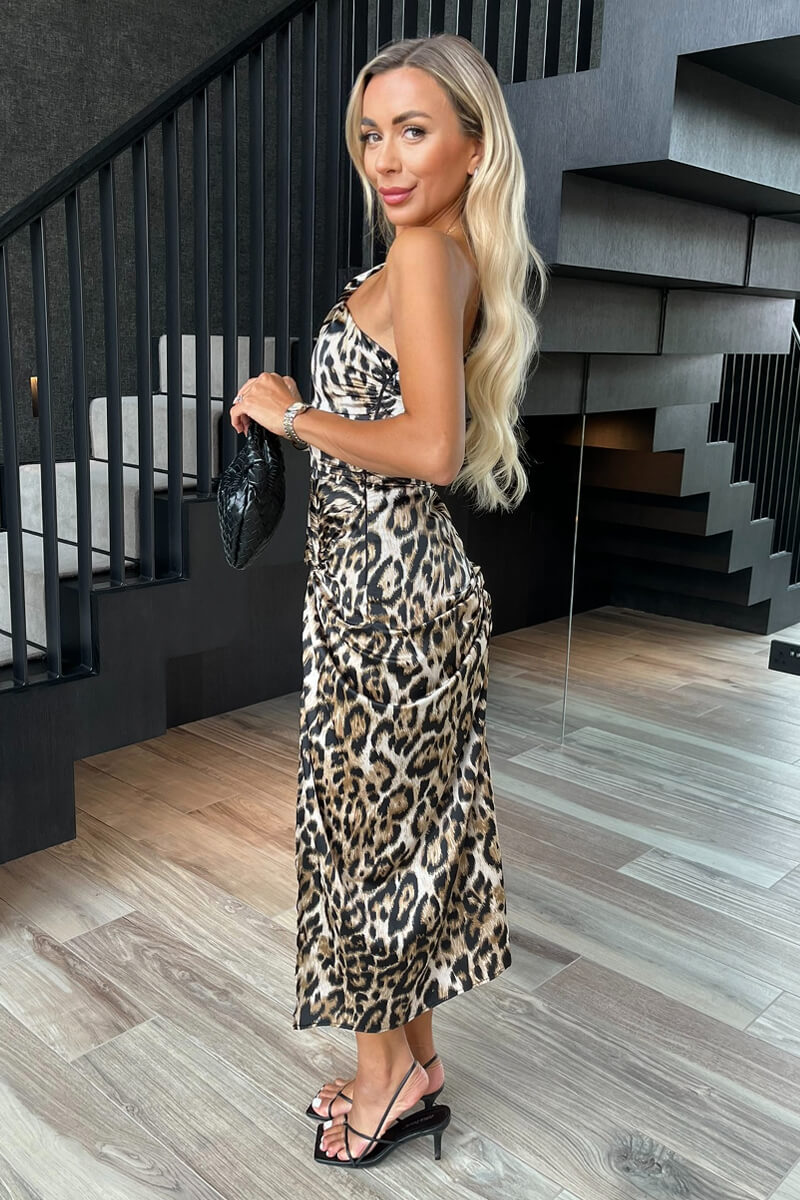 Multi Leopard Print One Shoulder Knot Skirt Satin Midi Dress