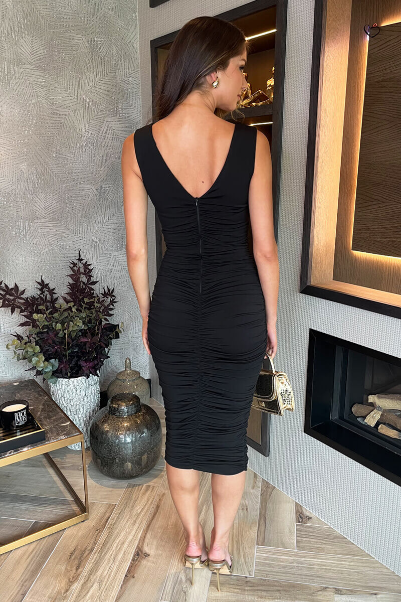 Black V Neck Ruched Bodycon Midi Dress AX Paris