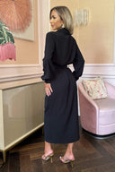 Black Belted Wrap Midi Shirt Dress