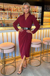 Wine Belted Wrap Midi Shirt Dress