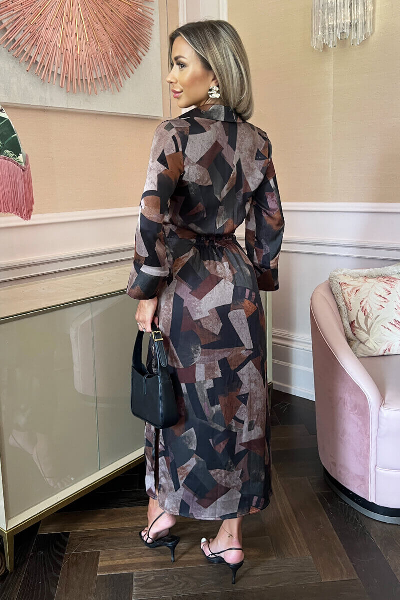 Multi Abstract Print 3/4 Sleeve Shirt Midi Dress