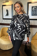 Black Abstract Stripe Print Long Cuff Sleeved Top