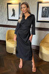 Black 3/4 Sleeves Gathered Waist Shirt Midi Dress