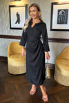 Black 3/4 Sleeves Gathered Waist Shirt Midi Dress