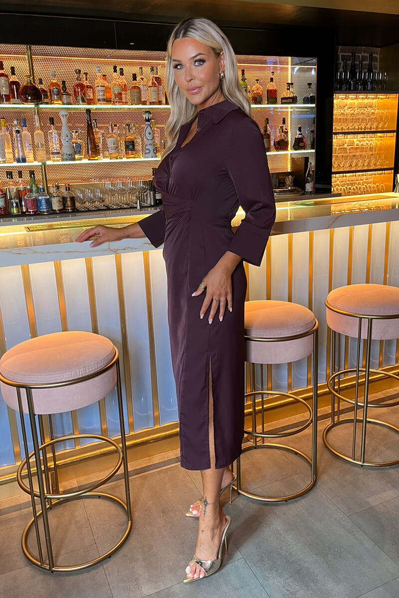 Plum 3/4 Sleeves Gathered Waist Shirt Midi Dress