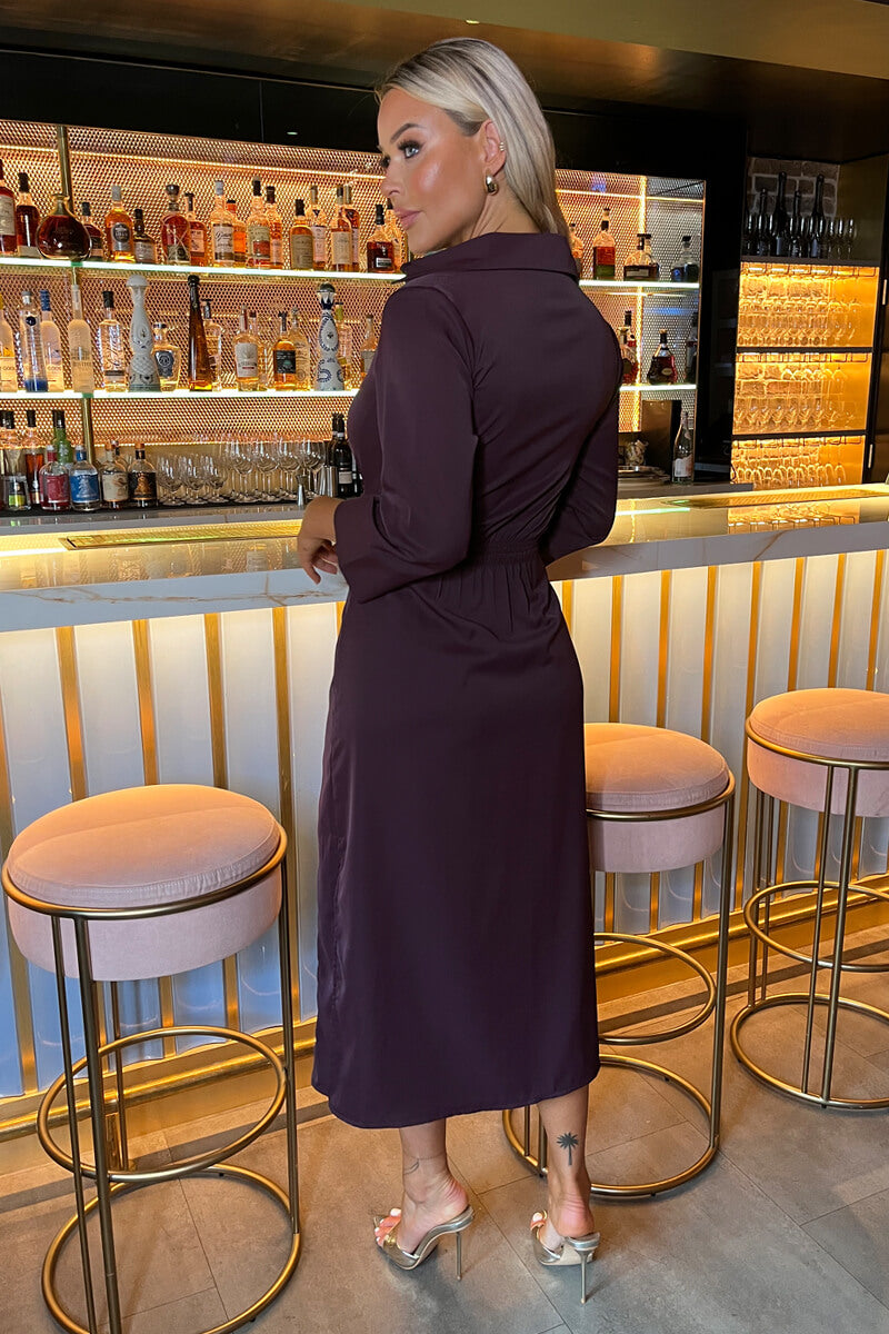 Plum 3/4 Sleeves Gathered Waist Shirt Midi Dress