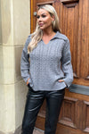 Mid- Grey V- Neck Collared Cable Knit Jumper