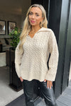 Stone V- Neck Collared Cable Knit Jumper