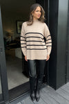 Oatmeal and Black Striped Button Detail Shoulder Knit Jumper