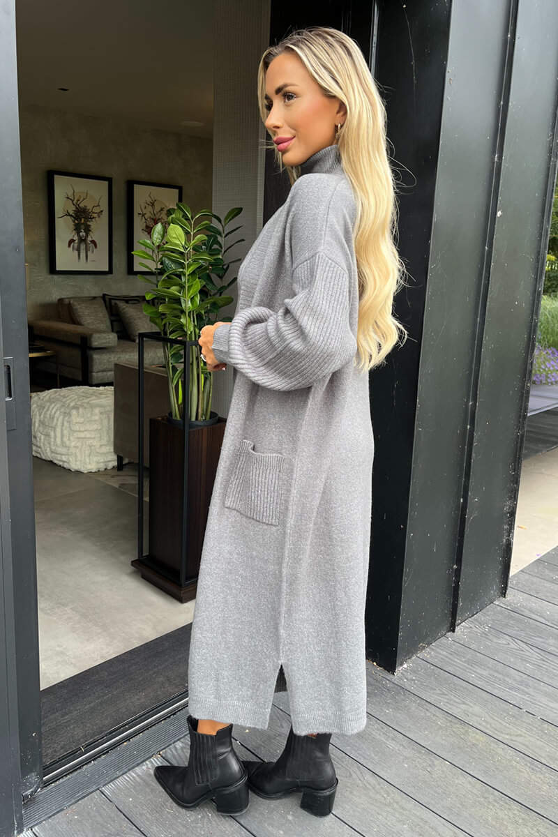 Mid Grey Knitted Midi Dress And Cardigan Co ord AX Paris