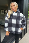 Black Check Drawstring Teddy Hoodie