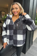 Black Check Pocket Detail Hooded Teddy Jacket