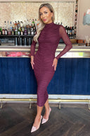 Plum High Neck Long Sleeve Ruched Bodycon Mesh Midi Dress