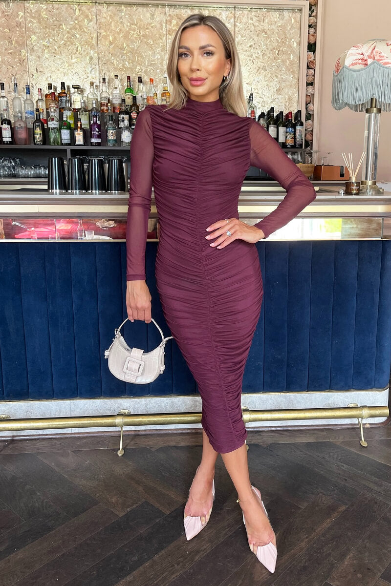 Plum High Neck Long Sleeve Ruched Bodycon Mesh Midi Dress