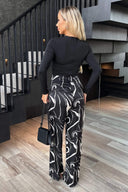 Black Abstract Stripe Print 2 in 1 Long Sleeve Wide Leg Jumpsuit