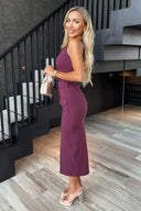 Plum Round Neck Belted Bodycon Cargo Midi Dress