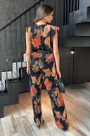 Multi Smudge Print Belted Wide Leg Jumpsuit