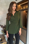 Olive 3/4 Sleeves Collared Gathered Waist Top